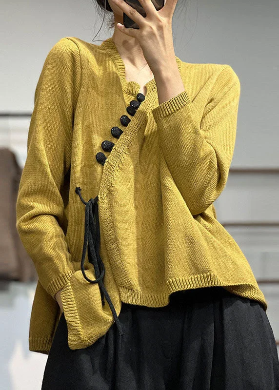 women's sweater for work -Chic Yellow Asymmetrical Design Lace Up Knit Sweater Tops Winter