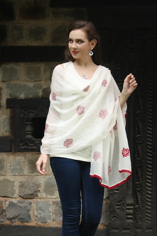 women's sweater luxury -Chikan Roses in Claret Cotton and Silk Shawl in Champagne and Claret from India