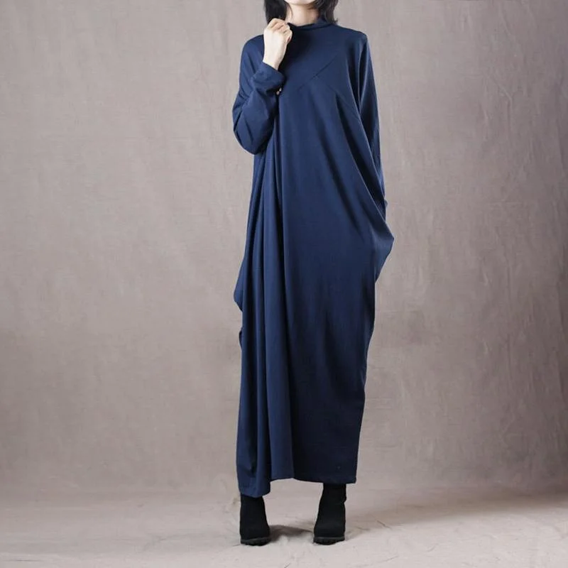 Chunky Blue Sweater Dresses Loose Fitting O Neck Winter Dresses New Asymmetric Long Knit Sweaters