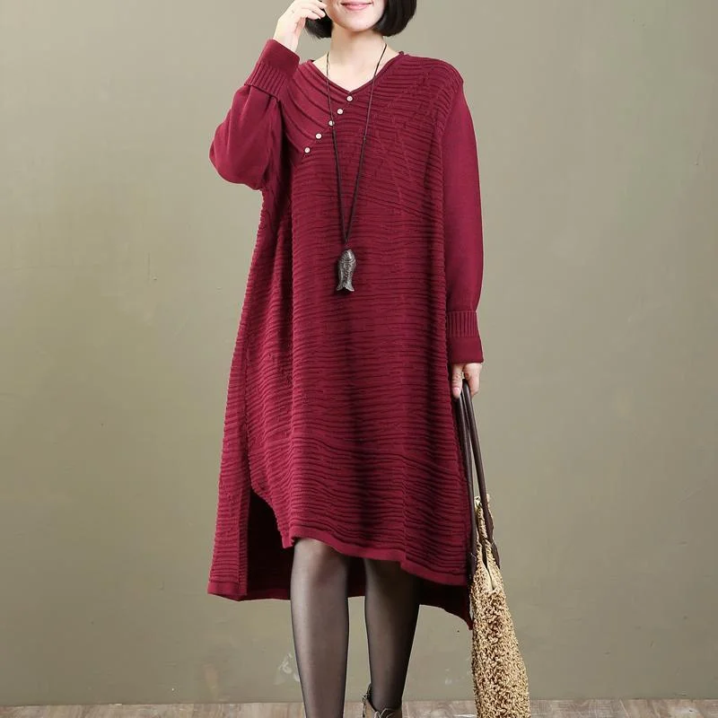 women's sweater designer -Chunky Red Buttons Dotted Knit Dress Oversized Pullover Vintage Long Sweaters