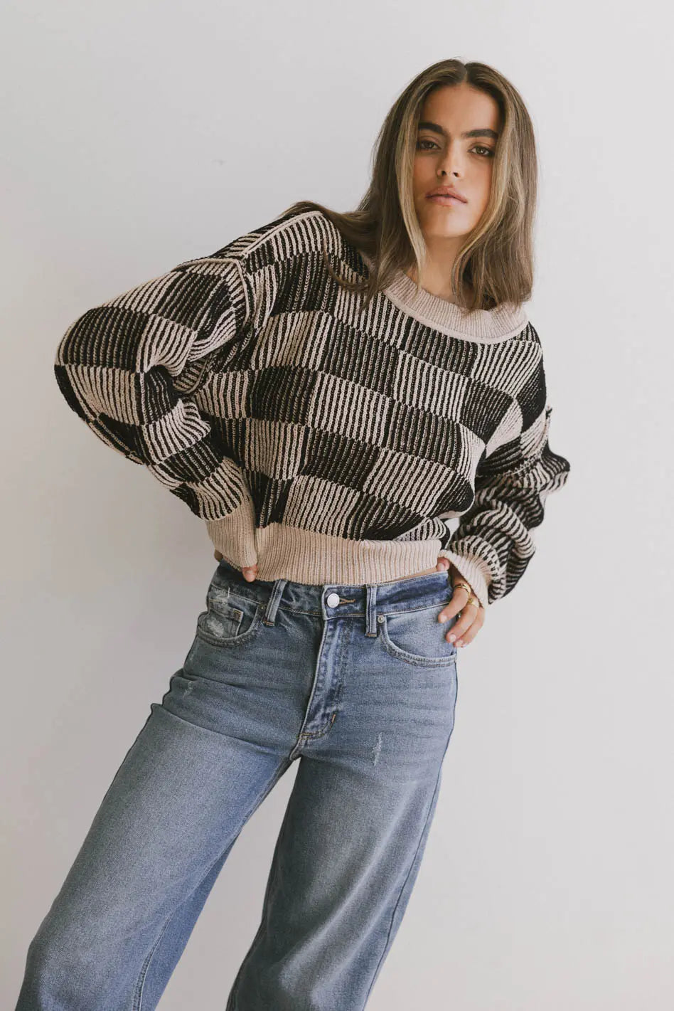 women's sweater outlet -Cielo Checkered Sweater in Taupe