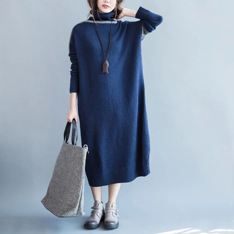 women's sweater eco-friendly -Comfy Dark Blue Sweater Weather Plus Size Fuzzy High Neck Knit Dresses