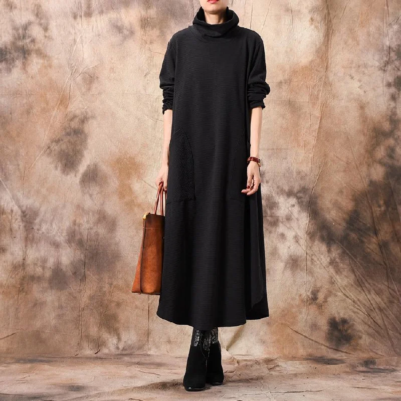 women's sweater luxury -Cozy Sweater Dress Women High Neck Pockets Black Daily Knit Dress