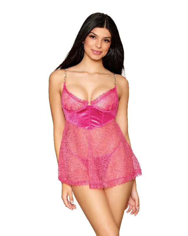 Delicate Corded Eyelash Lace and Stretch Velvet Babydoll and G-string Set