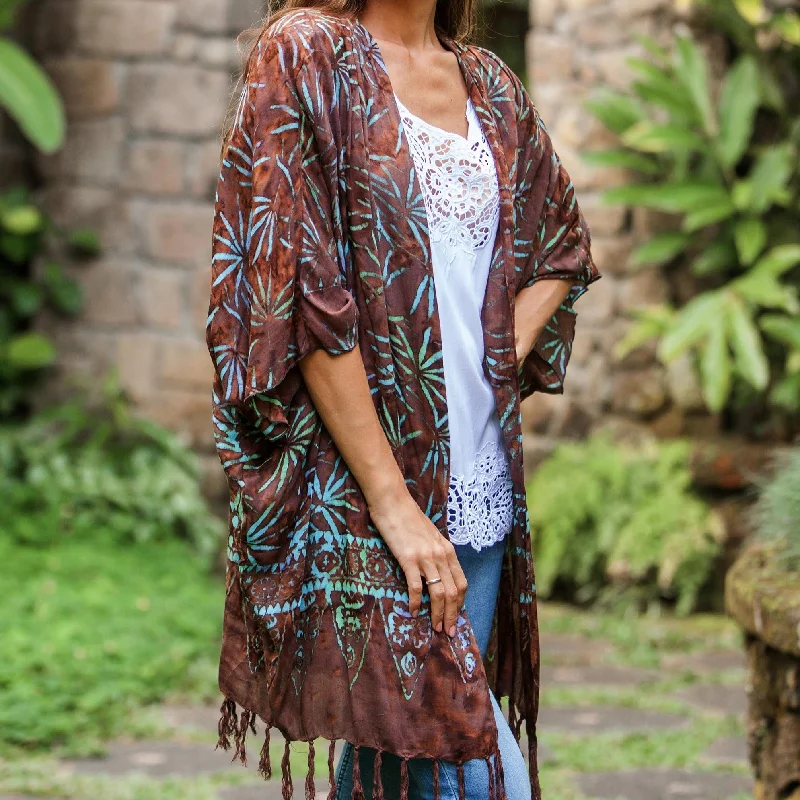 Denpasar Lady in Brown Leaf Motif Batik Rayon Kimono Jacket in Brown from Bali