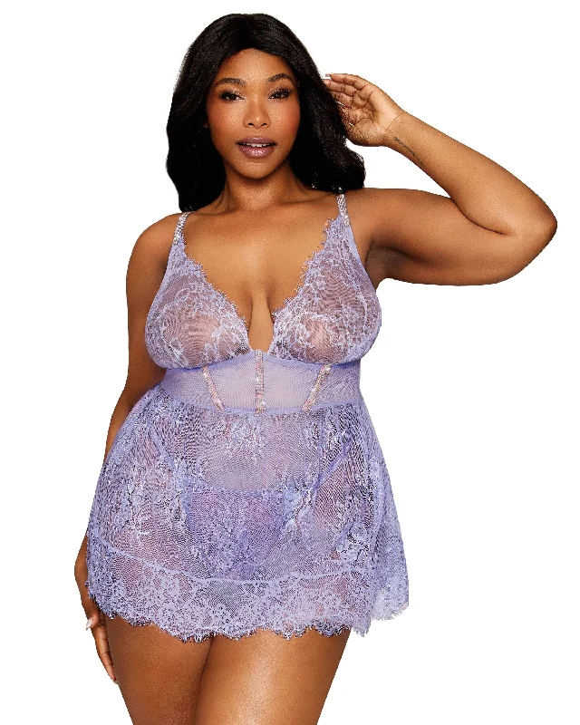 Dreamgirl Plus Size Eyelash Lace babydoll & G-string Set with Rhinestone Detailing