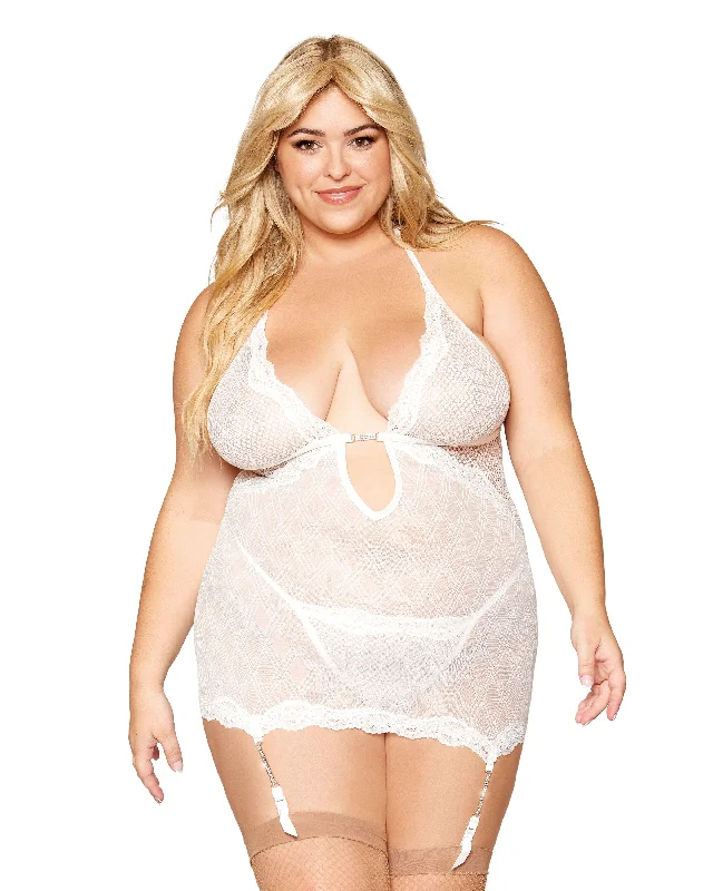 Dreamgirl Plus Size Mixed Pattern Mesh and Scalloped Edge Lace Garter Slip and G-string Set