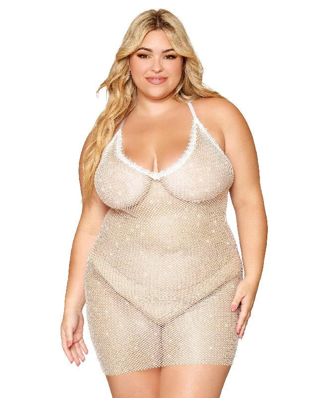 Dreamgirl Plus Size Rhinestone Embellished Fishnet Chemise witth Eyelash Lace Trim