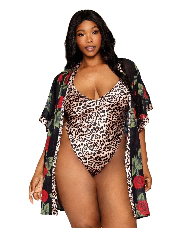 Dreamgirl Plus Size Rose Print Chiffon Robe with Leopard Print Satin Teddy Set