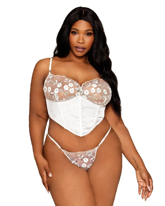 Dreamgirl Plus Size Satin and 3D Embroidery Bustier and G-string Set