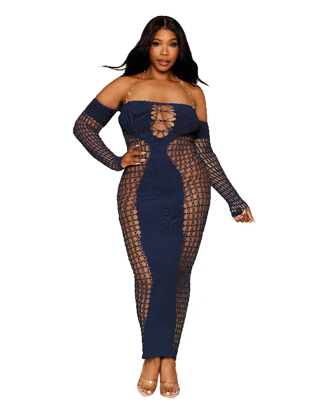 Dreamgirl Plus Size Seamless Bodystocking Gown with Removable Gold Halter Chain