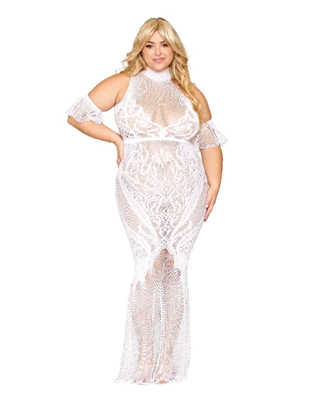 Dreamgirl Plus Size Seamless Geometric Fence Net Design Bodystocking Gown