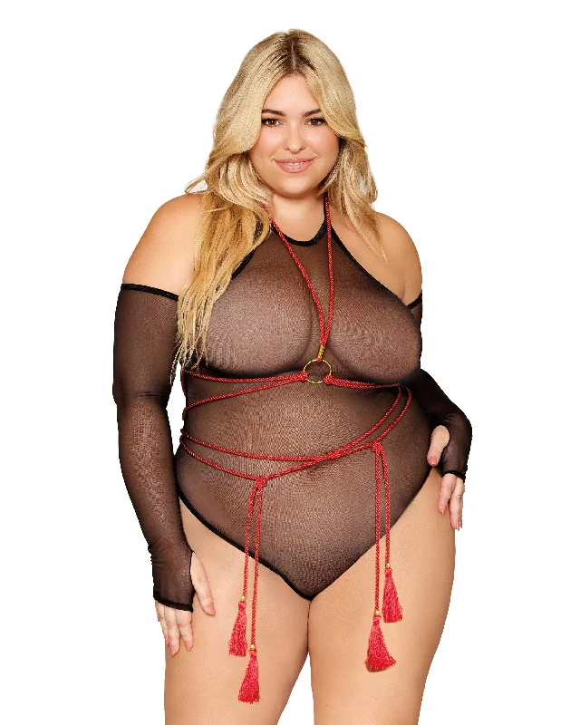 Dreamgirl Plus Size Stretch Mesh Halter Teddy with Attached Fingerless Gloves and Shabari-inspired Body Harness