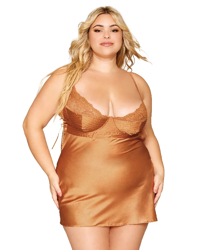 Dreamgirl Plus Size Stretch Satin Chemise with Pintucking and Lace Details