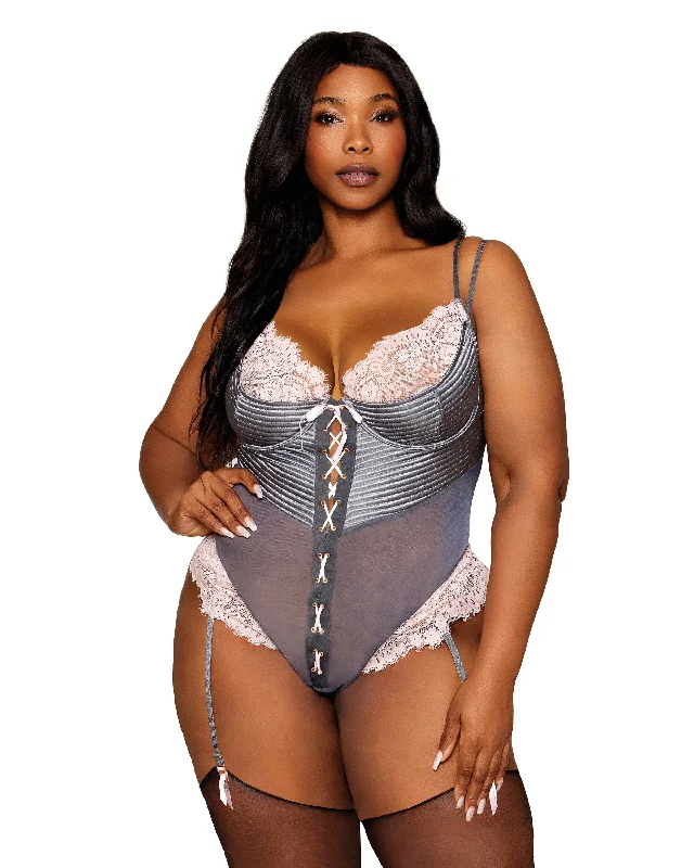 Dreamgirl Plus Size Stretch Satin, Mesh, and Eyelash Lace Garter Teddy with Quilting Details