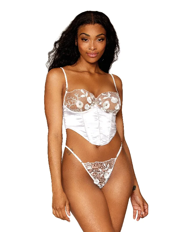 Dreamgirl Satin and 3D Embroidery Bustier and G-string Set