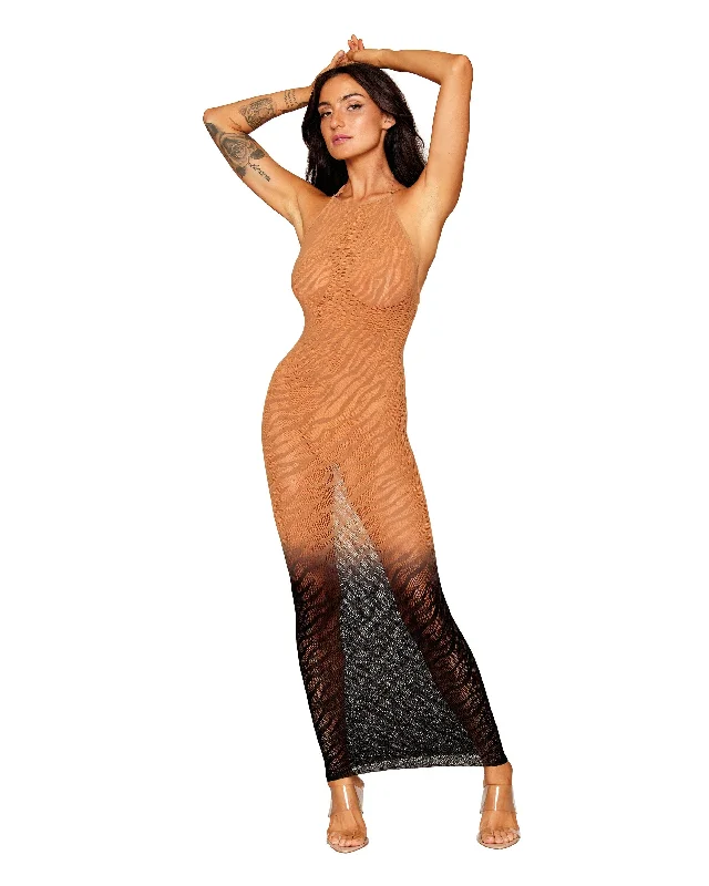 Dreamgirl Seamless Zebra Knit Design Bodystocking Gown with Two-Tone Ombre Color