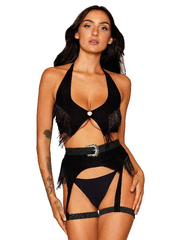 Dreamgirl Western-Themed Faux-Leather Bralette and Garter Belt Bedroom Costume Set with Fringe Details