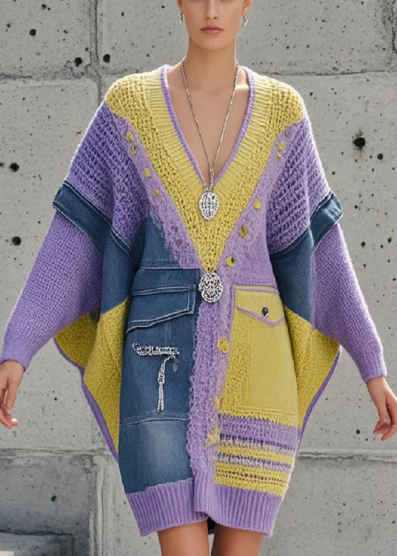 women's sweater with belt -Elegant Purple Asymmetrical Patchwork Denim Long Sweater Batwing Sleeve