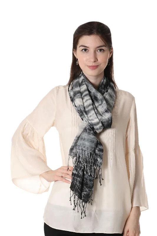 women's sweater for winter -Elegant Shibori 100% Cotton Shibori Shawl in Black and Ivory from India