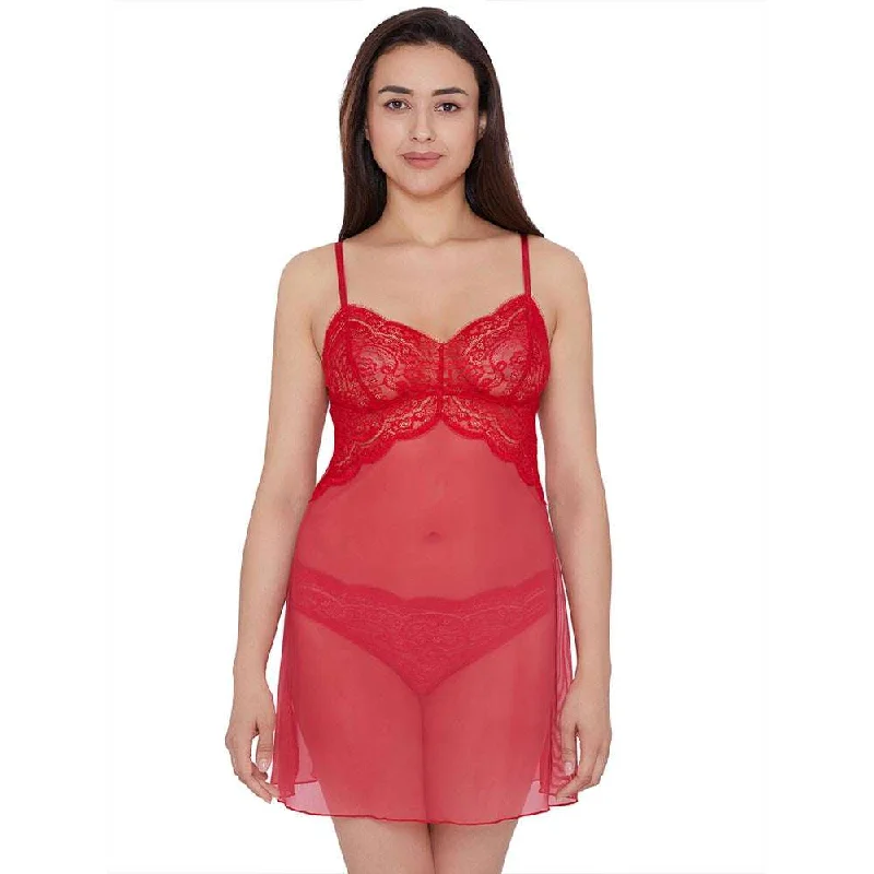 Essential Lace Non Padded Non Wired Bridal Wear Lace Babydoll Chemise - Red