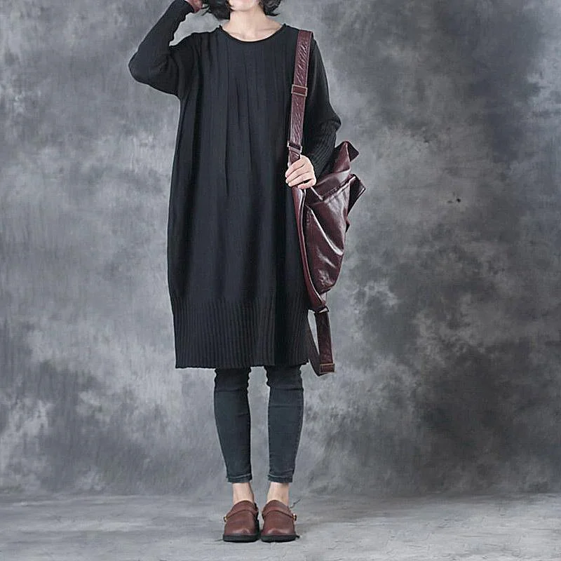 women's sweater Thanksgiving -Fall Black Casual Sweater Dresses Plus Size Long Sleeve O Neck Knit Dress