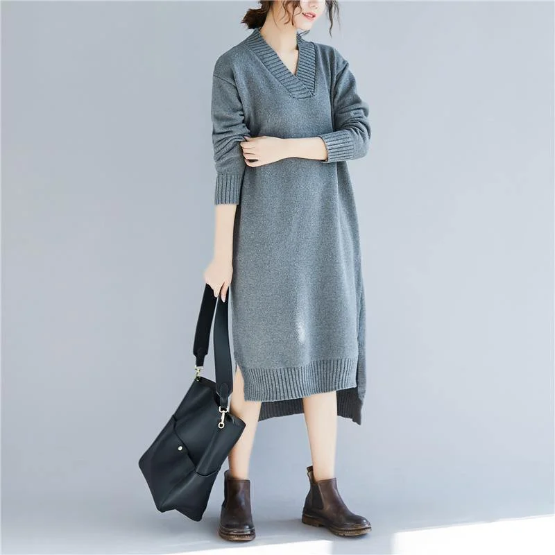 women's sweater vintage -Fashion Sweater Outfits V Neck Gray Funny Knit Dresses