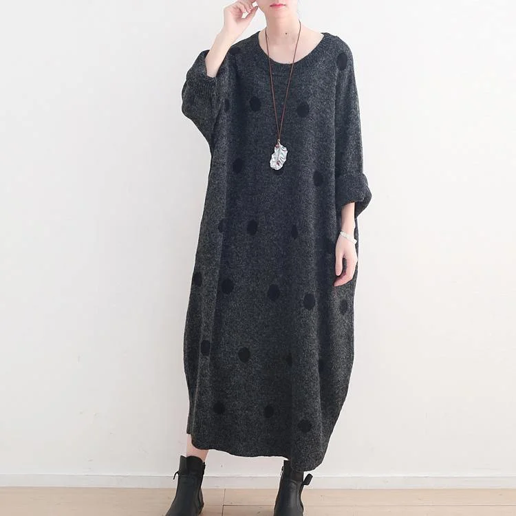 women's sweater trendy -Fine Dark Gray Dotted Long Sweaters Casual O Neck Pullover Sweater Elegant Baggy Dresses