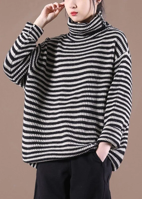 women's sweater breathable -Fitted Black Striped Turtleneck Fall Knit Sweater