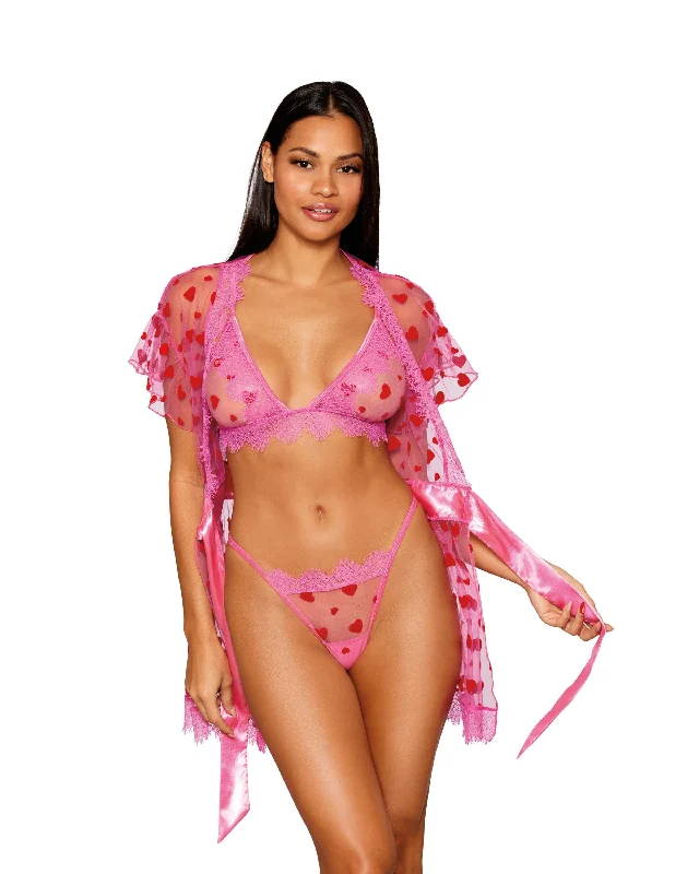 Flocked Heart Mesh and Eyelash Lace Robe, Bralette, and G-string Set