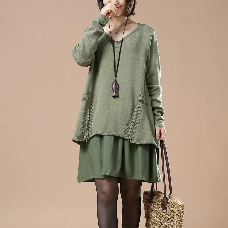 women's sweater for layering -Green layered sweaters oversize knit dresses