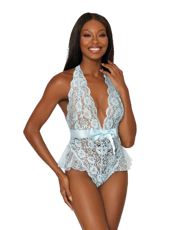 Dreamgirl Halter Scalloped Teddy with Fluttery Ruffles at Hip