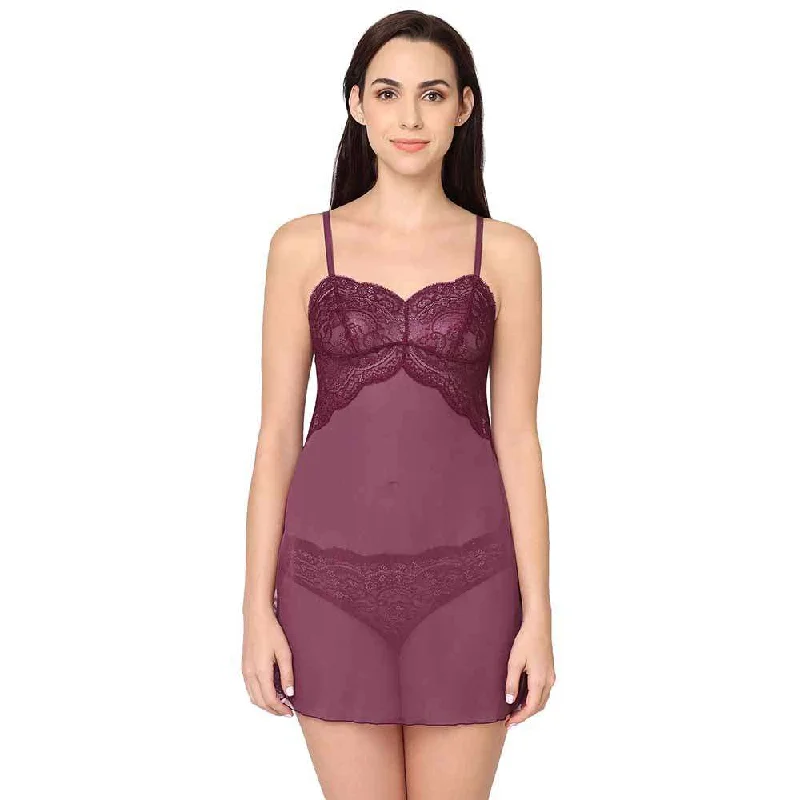 Essential Lace Non Padded Non Wired Bridal Wear Lace Babydoll Chemise - Purple