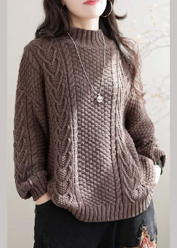 women's sweater business casual -Khaki Cable Knit Sweater Tops High Neck Oversized Winter