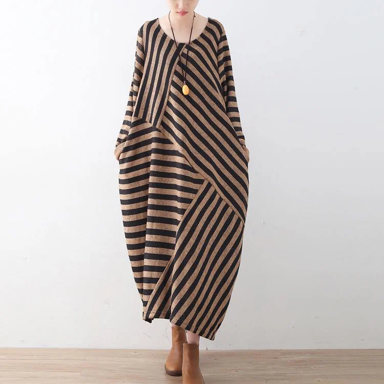 women's sweater eco-friendly -khaki striped sweater dress oversized o neck patchwork winter dresses