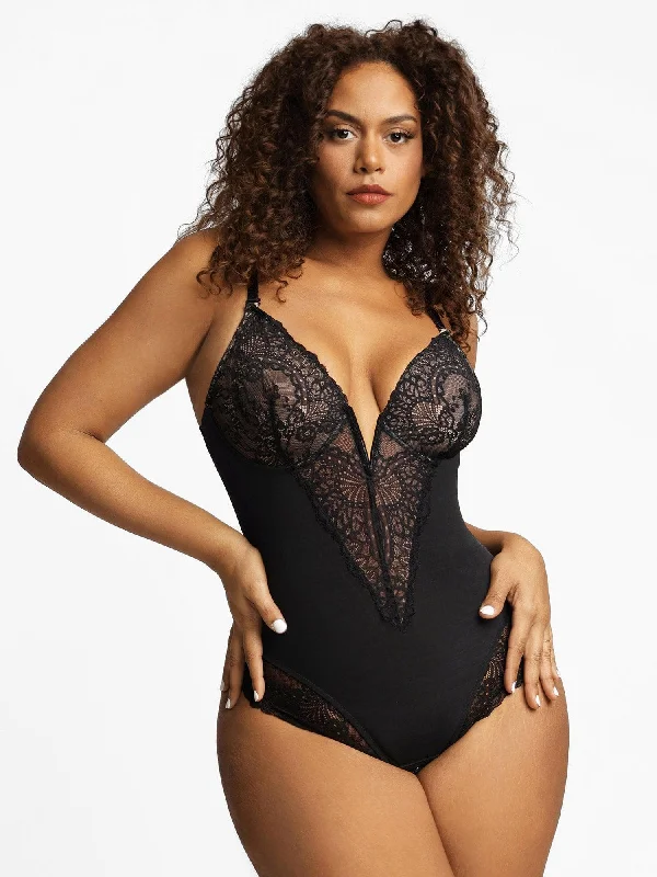 Shapewear Lace Deep-V Neck Bodysuits or Faux Leather Skirts