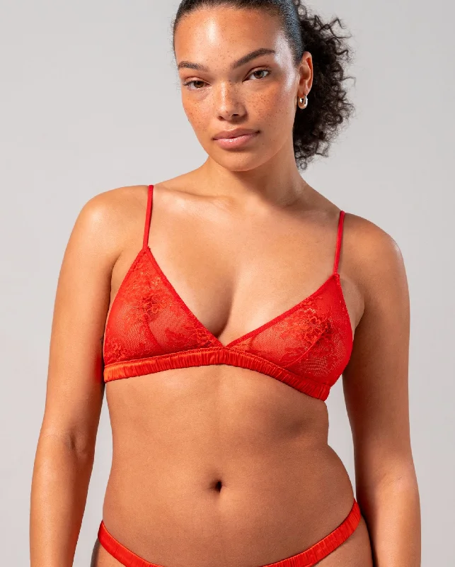 Floral Lace Satin Triangle Bralette Fiery Red