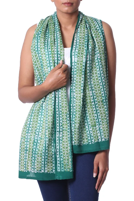 women's sweater classic -Leafy Vines Green Indian Woodblock Dyed Vine Pattern Batik Cotton Shawl