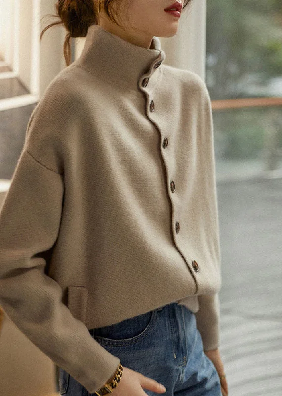 women's sweater elegant -Loose Light Camel Turtleneck Button Thick Knit Sweaters Long Sleeve