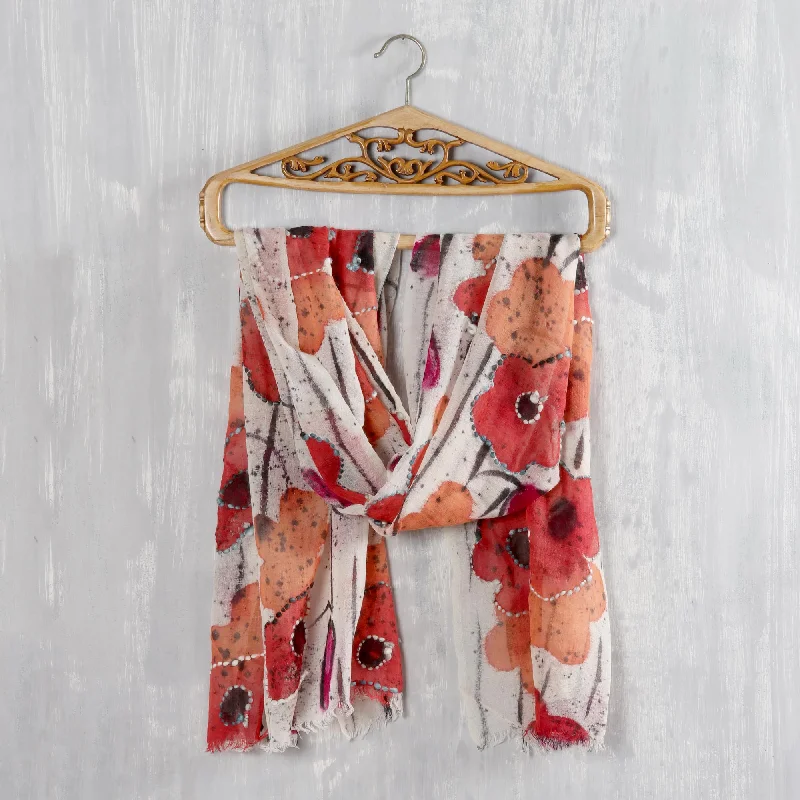 women's sweater grey -Morning Allure Red and Orange Floral Wool Shawl from India