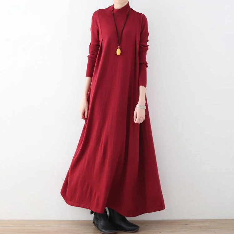 women's sweater vintage -New Red Long Sweaters Plus Size Clothing High Neck Long Knit Sweaters Women Large Hem Pullover Dresses