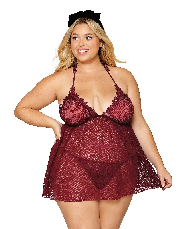 Dreamgirl Novelty stretch mesh and delicate venise embroidery babydoll and matching G-string set