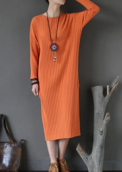 Orange Striped Fashion Sweater Cotton Dresses Casual Slim Batwing Sleeve Knitwear Maxi Dress