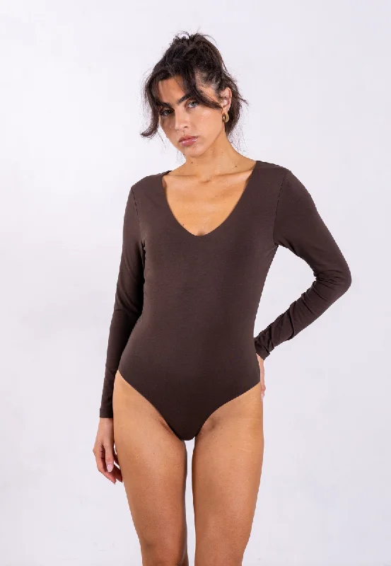 Organic Cotton Long Sleeve V-Neck Bodysuit, Hot Fudge