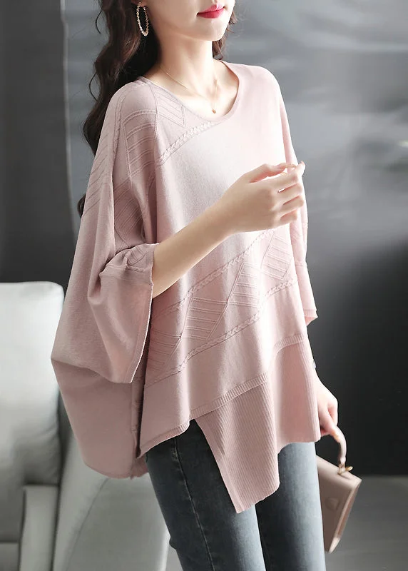 women's sweater black -Oversized Pink O Neck Asymmetrical Thin Knit Sweater Batwing Sleeve