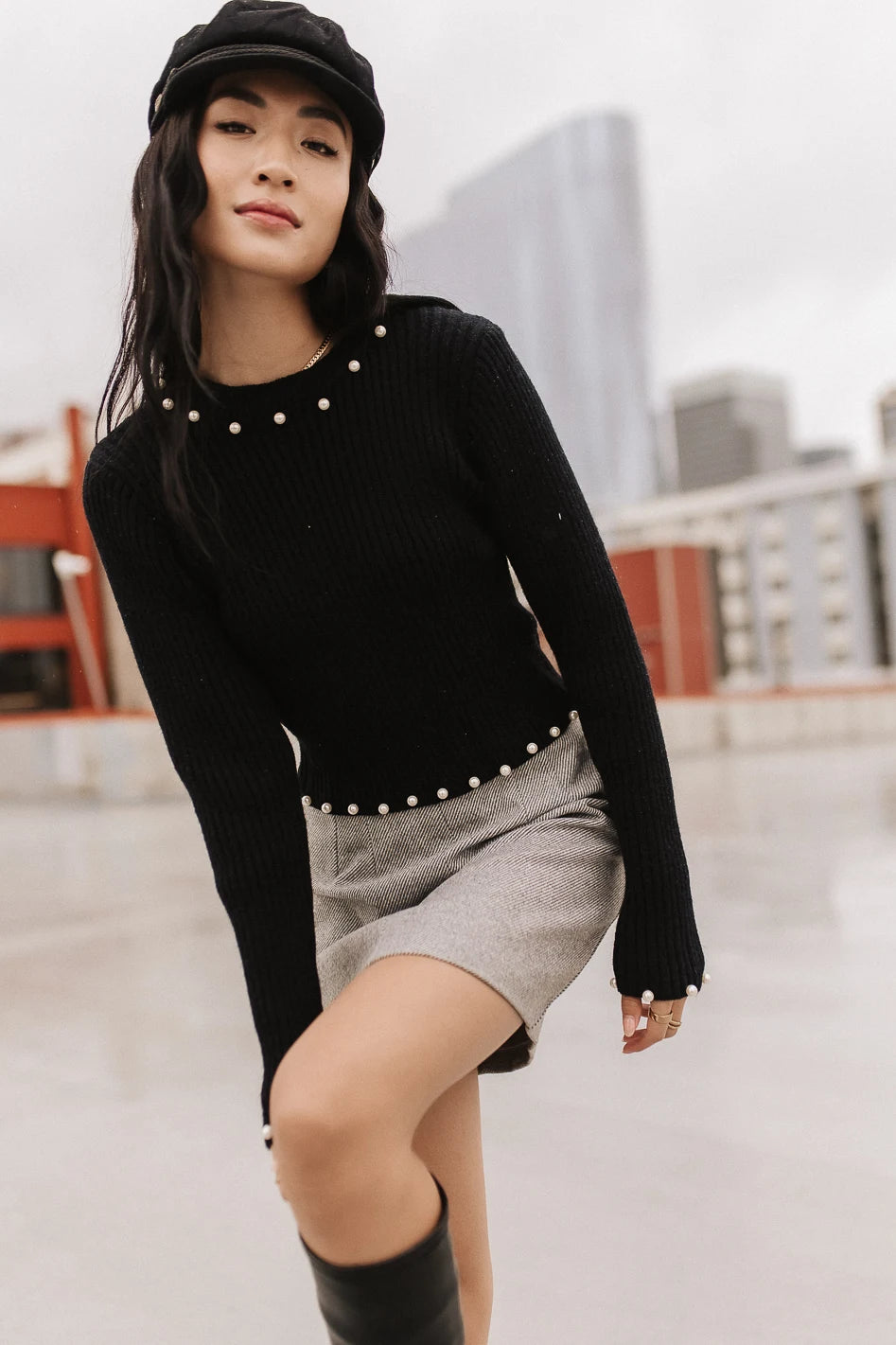 women's sweater spring -Pearl Embellished Sweater in Black