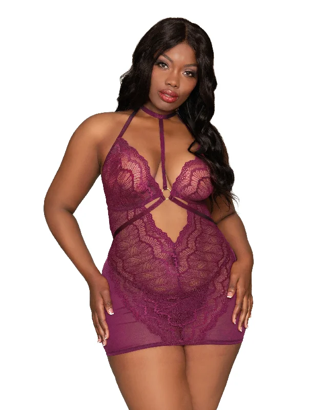 Dreamgirl Plus Size Contemporary Lace & Mesh Chemise Set with Halter Neckline