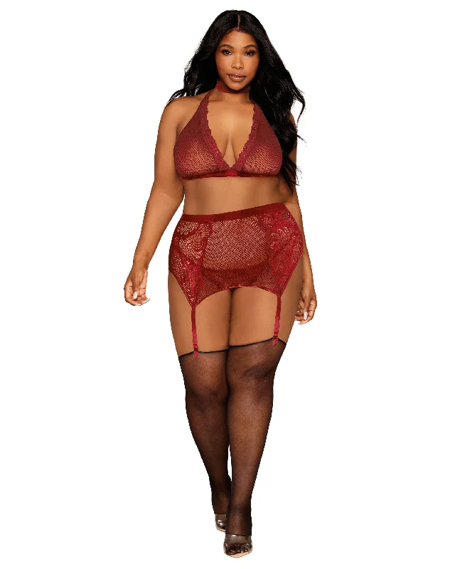 Dreamgirl Plus size fishnet & Lace Velvet Trims Halter Bralette & Garter Belt