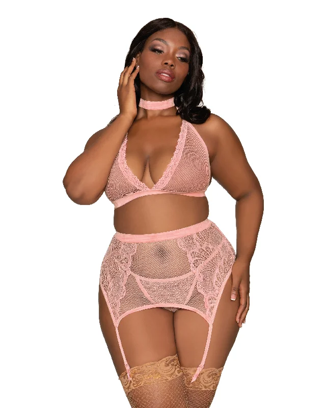 Dreamgirl Plus Size Fishnet & Lace 4-Piece Halter Bralette & Garter Belt Set with Stretch Velvet Trim Accents