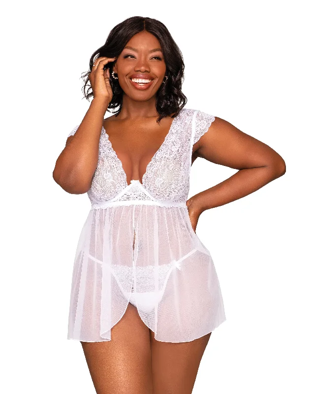 Dreamgirl Plus Size Lace Mesh Babydoll & G-String Set with Exposed Underwire Cup Detail